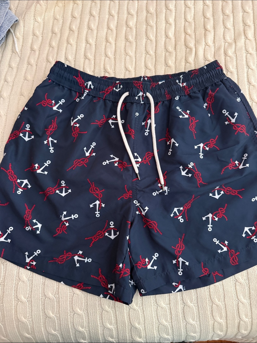Polo by Ralph Lauren Navy Swim Trunks with Red & White Anchor Print